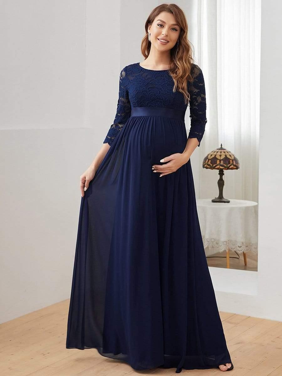 Elegant 3/4 Sleeves Embroidered Maternity Wedding Guest Dress #color_Navy Blue