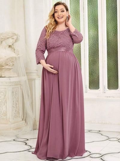 3/4 Sleeve Lace Floor Length Plus Size Maternity Dress #color_Purple Orchid