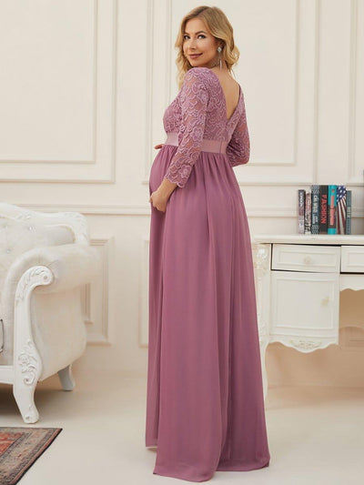 Elegant 3/4 Sleeves Embroidered Maternity Wedding Guest Dress #color_Purple Orchid