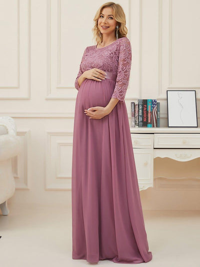 Elegant 3/4 Sleeves Embroidered Maternity Wedding Guest Dress #color_Purple Orchid