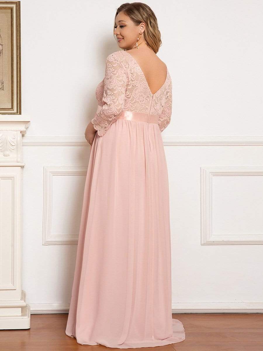 3/4 Sleeve Lace Floor Length Plus Size Maternity Dress #color_Pink