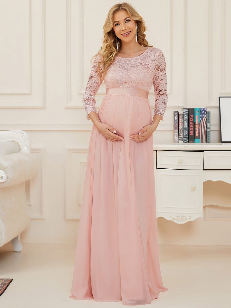 Round Neck V Back 3/4 Sleeves Embroidered Maternity Dress #color_Pink