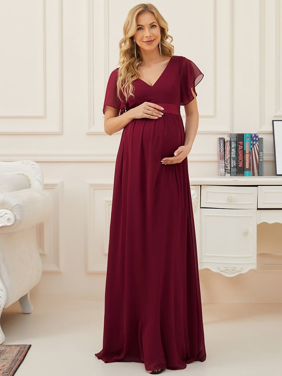 Double V Butterfly Sleeves A-Line Long Floral Maternity Dress #color_Burgundy