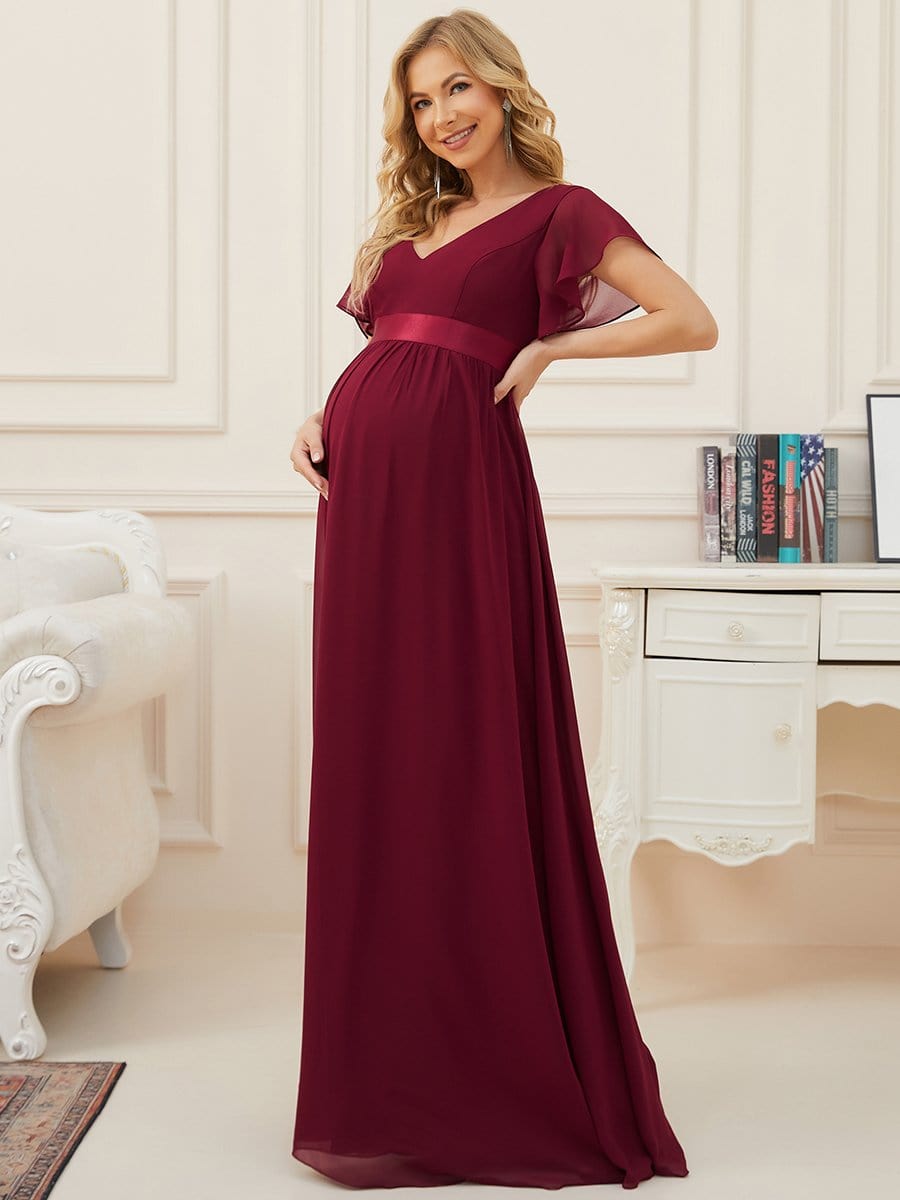 Double V Butterfly Sleeves A-Line Long Floral Maternity Dress