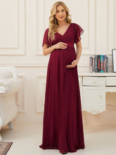 Double V Butterfly Sleeves A-Line Long Floral Maternity Dress #color_Burgundy