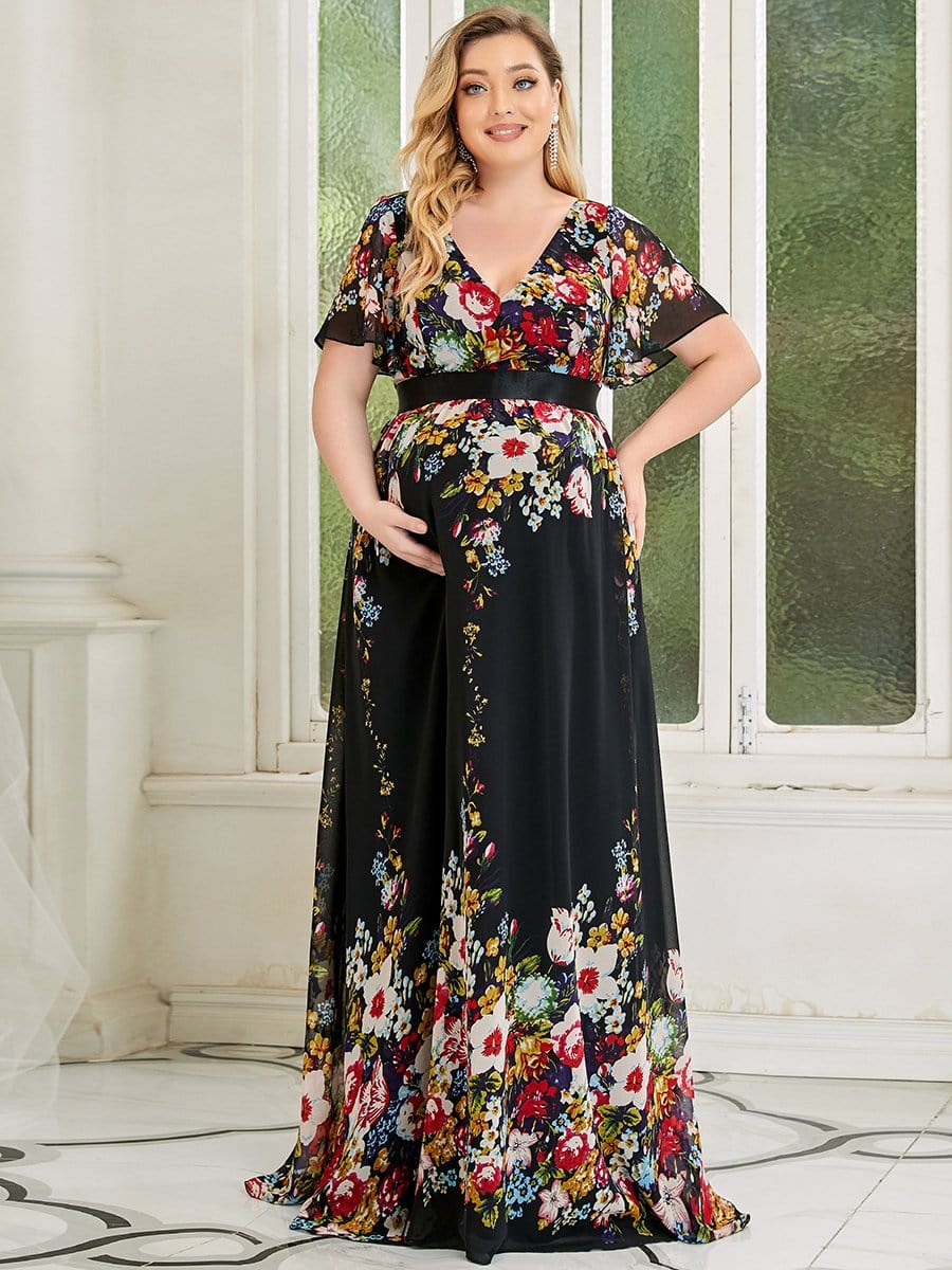 Chiffon Ruffle Sleeves A-Line Long Maternity Dress #color_Black and printed