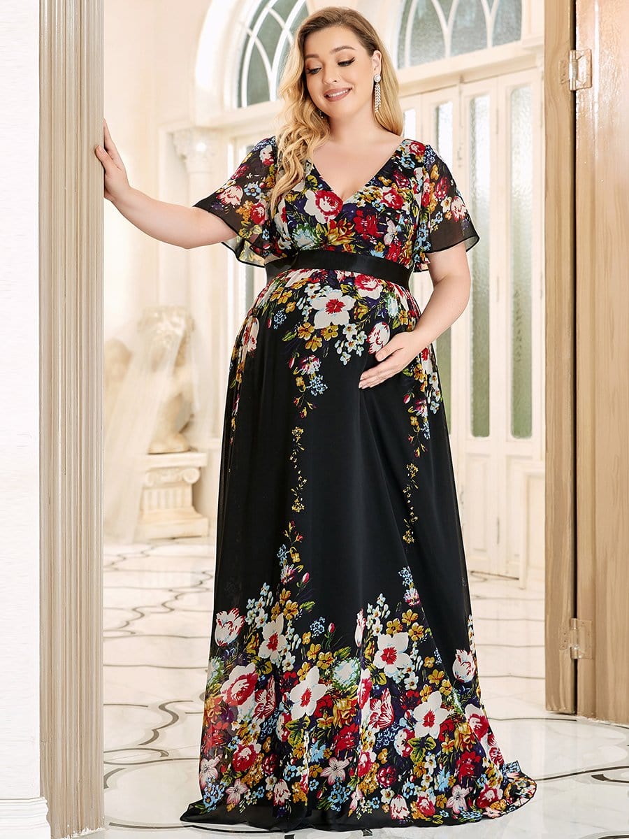 Chiffon Ruffle Sleeves A-Line Long Plus Size Maternity Dress