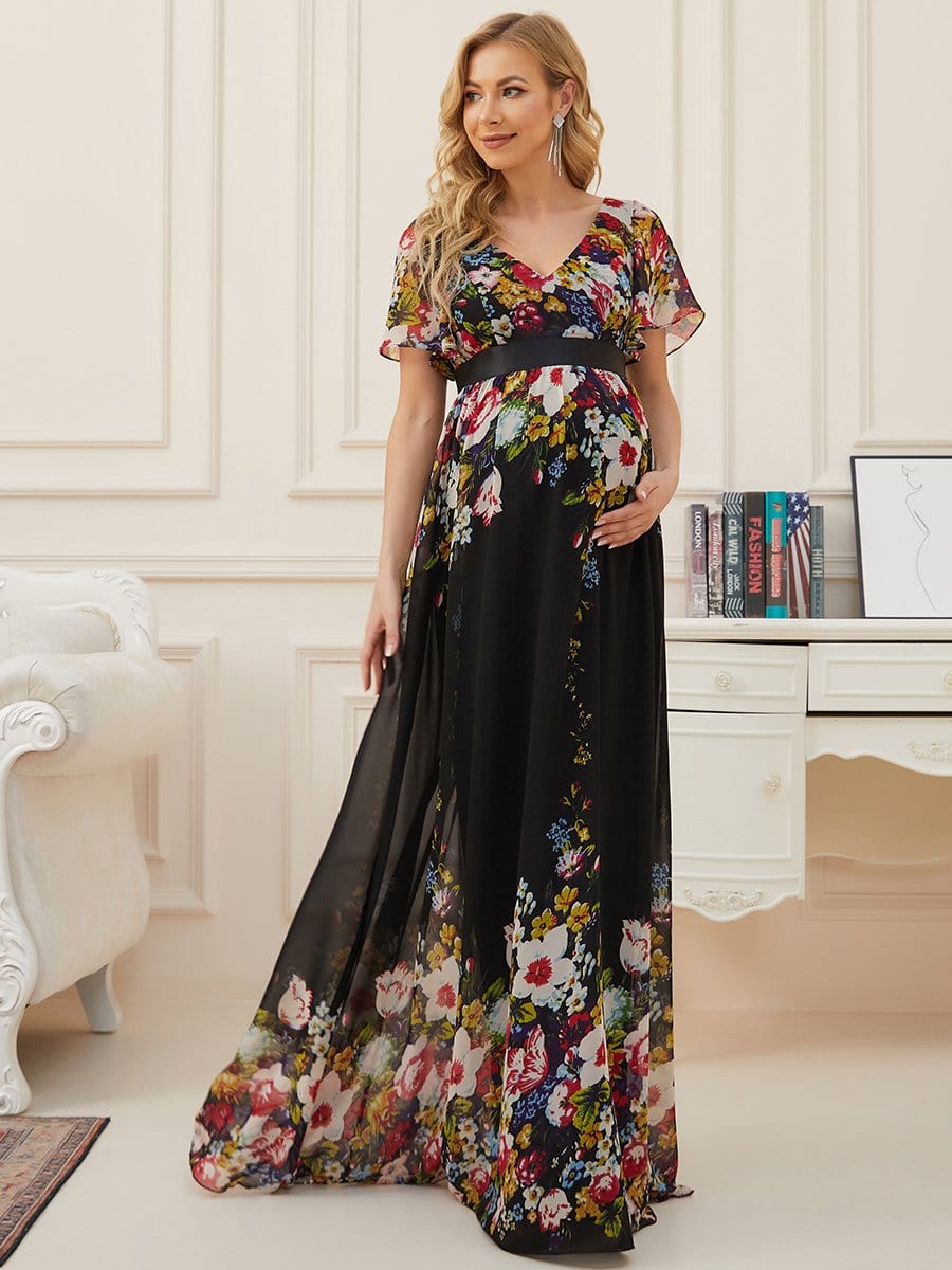 Double V Butterfly Sleeves A-Line Long Floral Maternity Dress #color_Black and printed