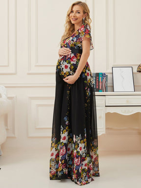 Double V Butterfly Sleeves A-Line Long Floral Maternity Dress