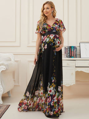Double V Butterfly Sleeves A-Line Long Floral Maternity Dress