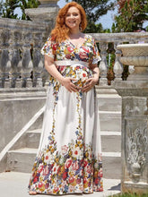 Chiffon Ruffle Sleeves A-Line Long Maternity Dress #color_Printed Cream