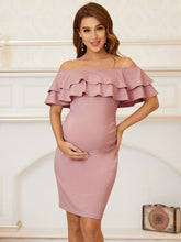 Off The Shoulder Ruffle Sleeve Short Maternity Dress #color_Purple Orchid