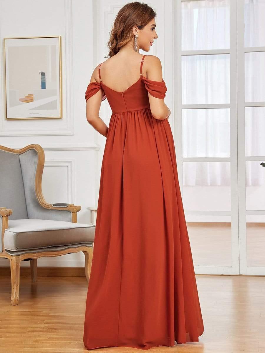 Off The Shoulder Spaghetti Straps Solid Maxi Maternity Dress #color_Burnt Orange