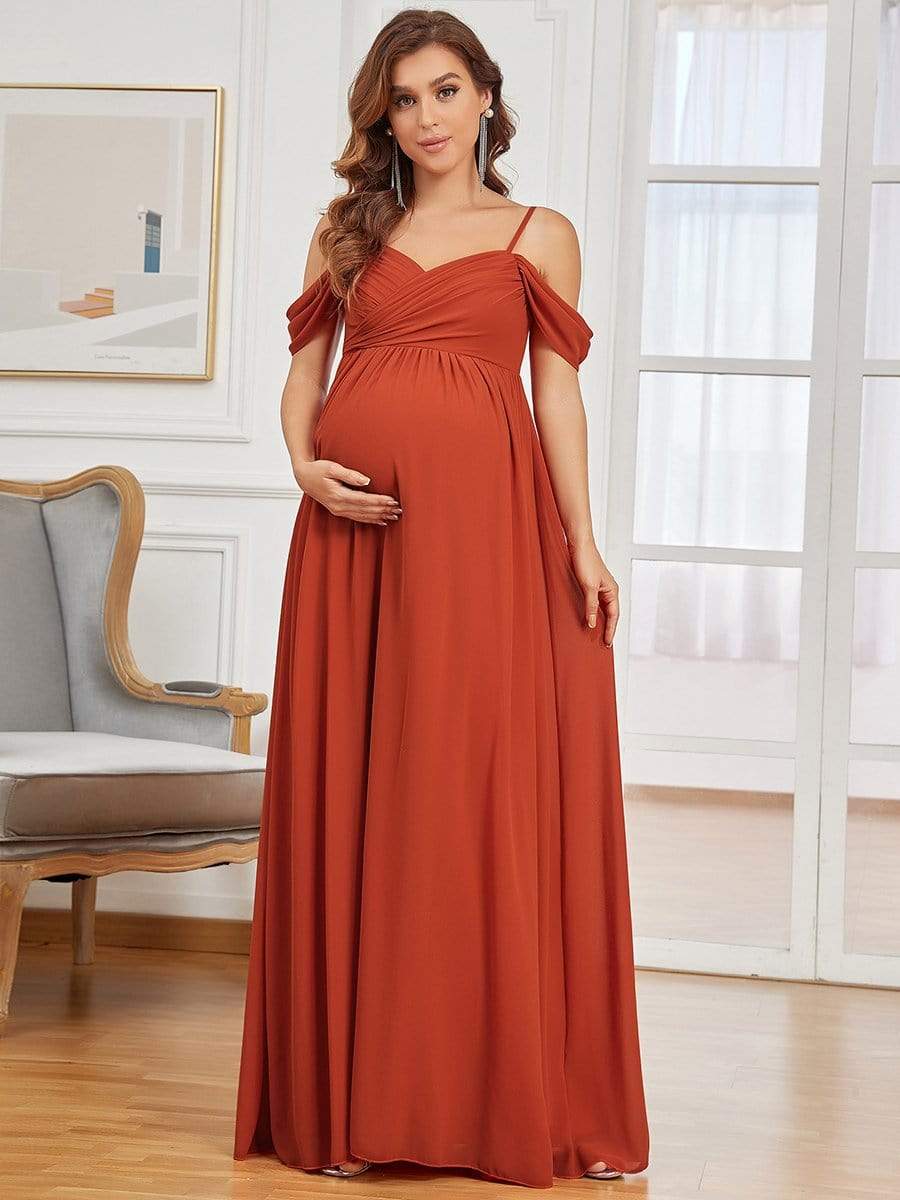 Off The Shoulder Spaghetti Straps Solid Maxi Maternity Dress #color_Burnt Orange