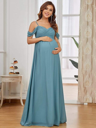 Off The Shoulder Spaghetti Straps Solid Maxi Maternity Dress #color_Light Teal