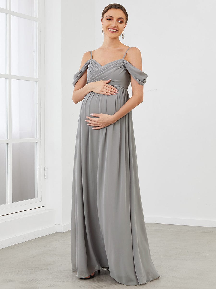 Off The Shoulder Spaghetti Straps Maxi Maternity Wedding Guest Dress #color_Grey