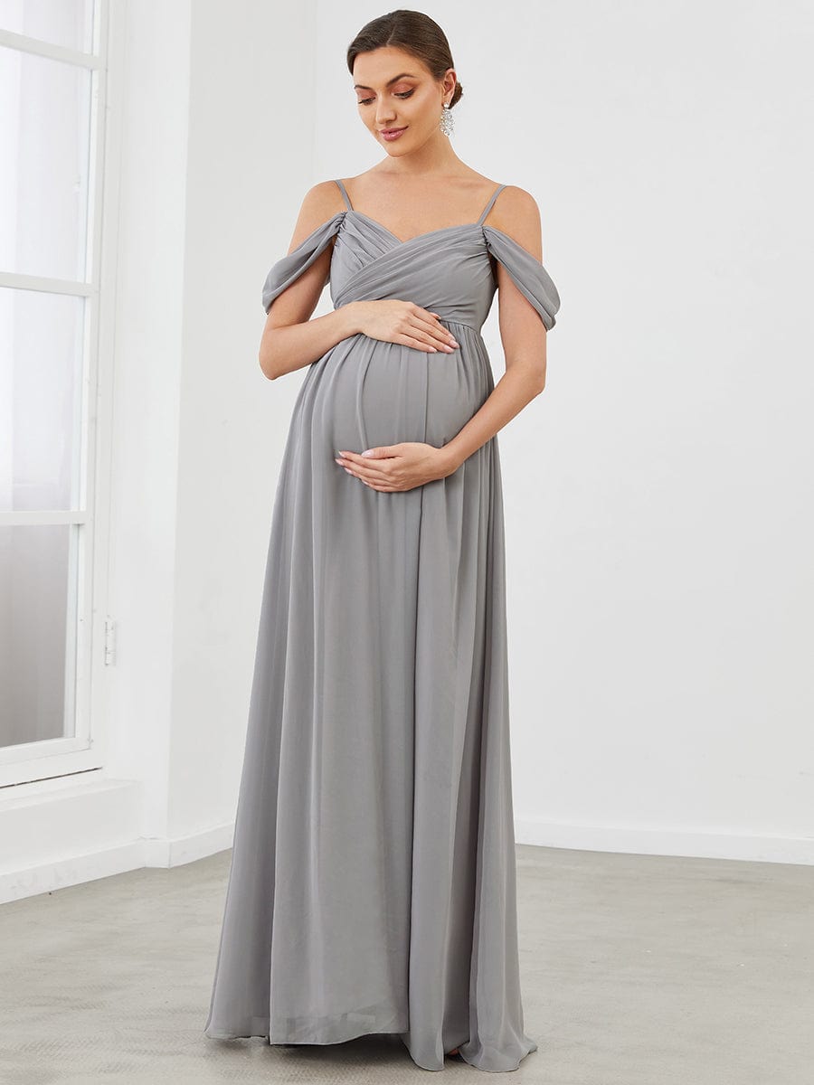 Off The Shoulder Spaghetti Straps Solid Maxi Maternity Dress #color_Grey
