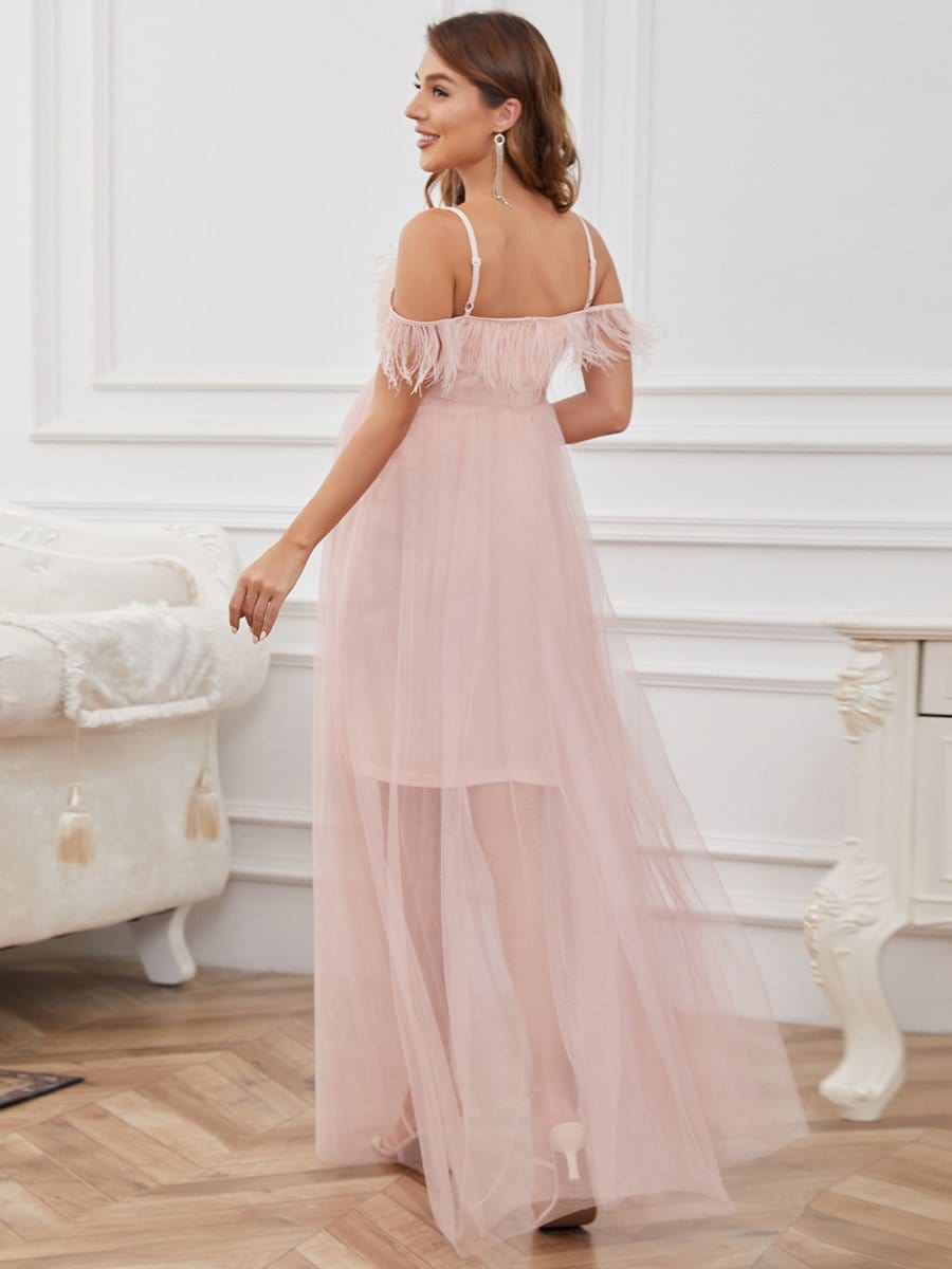 Cold Shoulder Feathers A Line Maternity Dress #color_Pink