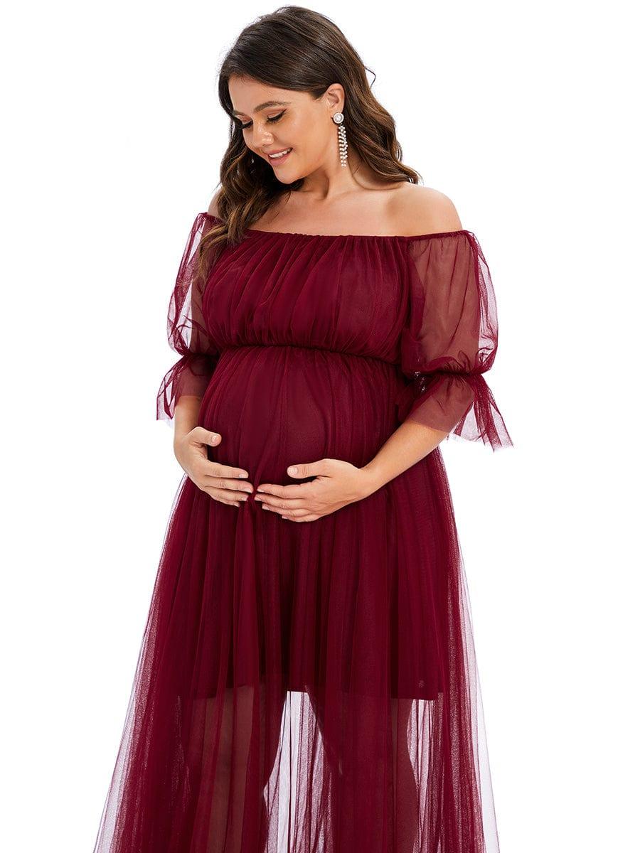 Plus Size Off the Shoulder Pleated Maxi Tulle Maternity Dress #color_Burgundy