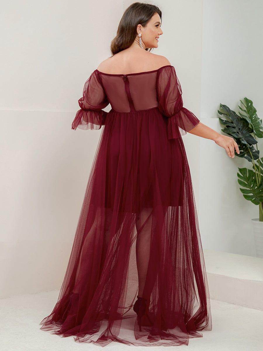 Plus Size Off the Shoulder Pleated Maxi Tulle Maternity Dress #color_Burgundy