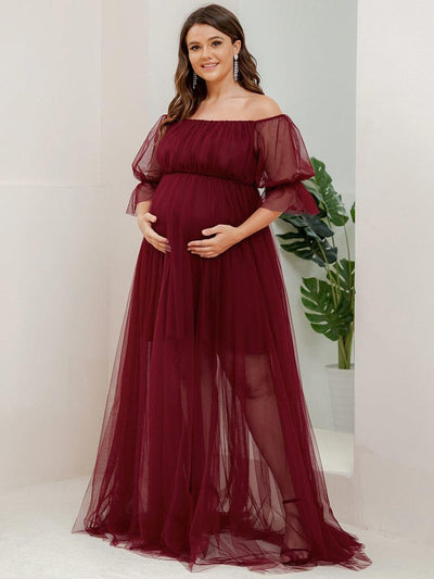 Plus Size Off the Shoulder Pleated Maxi Tulle Maternity Dress #color_Burgundy
