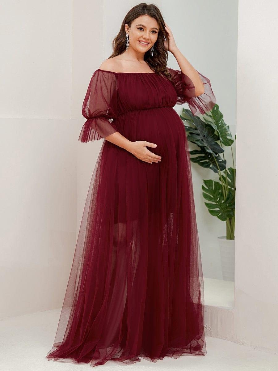 Plus Size Off the Shoulder Pleated Maxi Tulle Maternity Dress #color_Burgundy