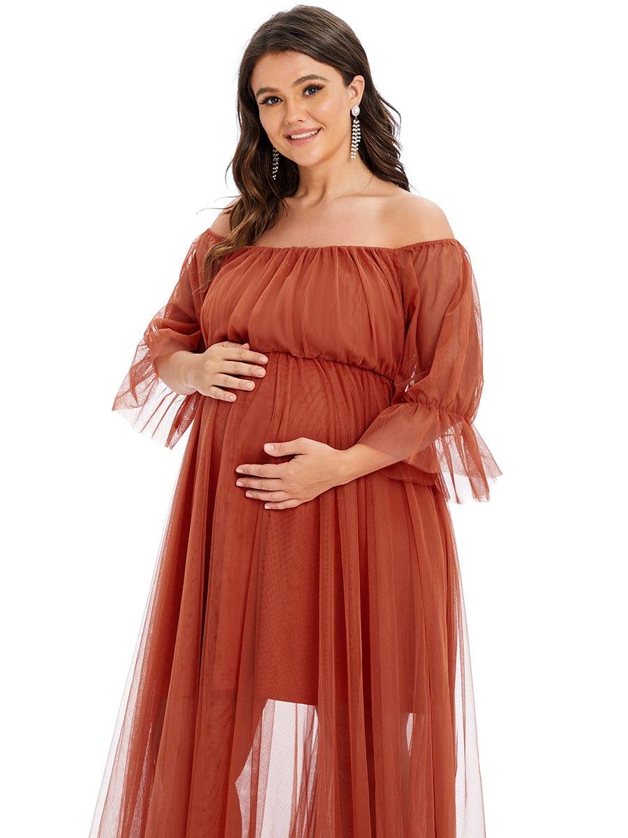 Plus Size Off the Shoulder Pleated Maxi Tulle Maternity Dress #color_Burnt Orange