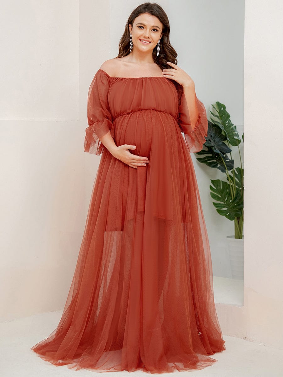 Plus Size Off the Shoulder Pleated Maxi Tulle Maternity Dress #color_Burnt Orange