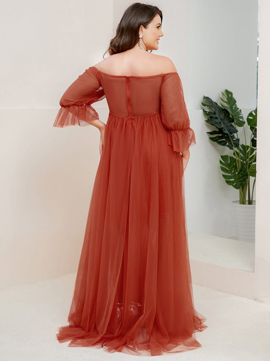 Plus Size Off the Shoulder Pleated Maxi Tulle Maternity Dress #color_Burnt Orange