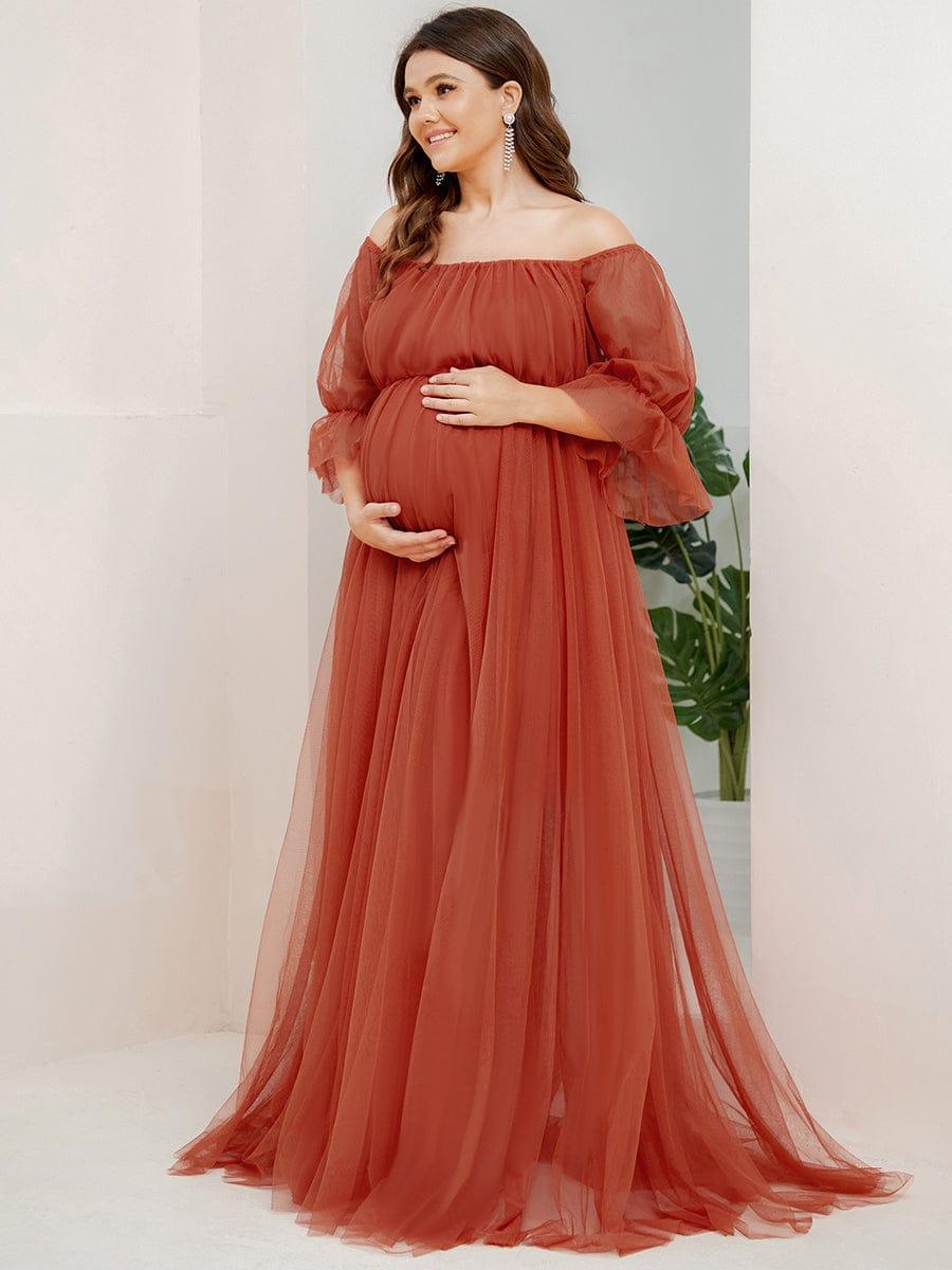 Plus Size Off the Shoulder Pleated Maxi Tulle Maternity Dress #color_Burnt Orange