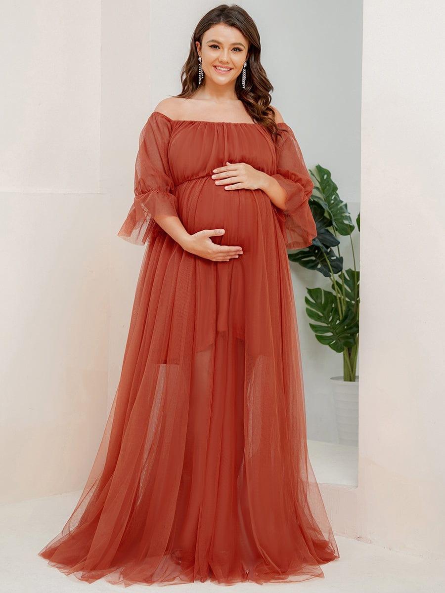 Plus Size Off the Shoulder Pleated Maxi Tulle Maternity Dress #color_Burnt Orange