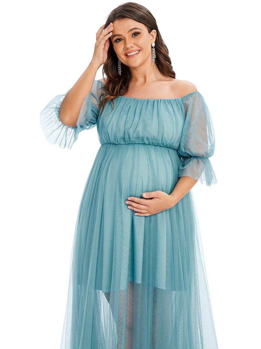 Plus Size Off the Shoulder Pleated Maxi Tulle Maternity Dress #color_Light Teal