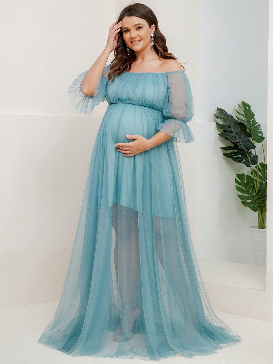 Plus Size Off the Shoulder Pleated Maxi Tulle Maternity Dress #color_Light Teal