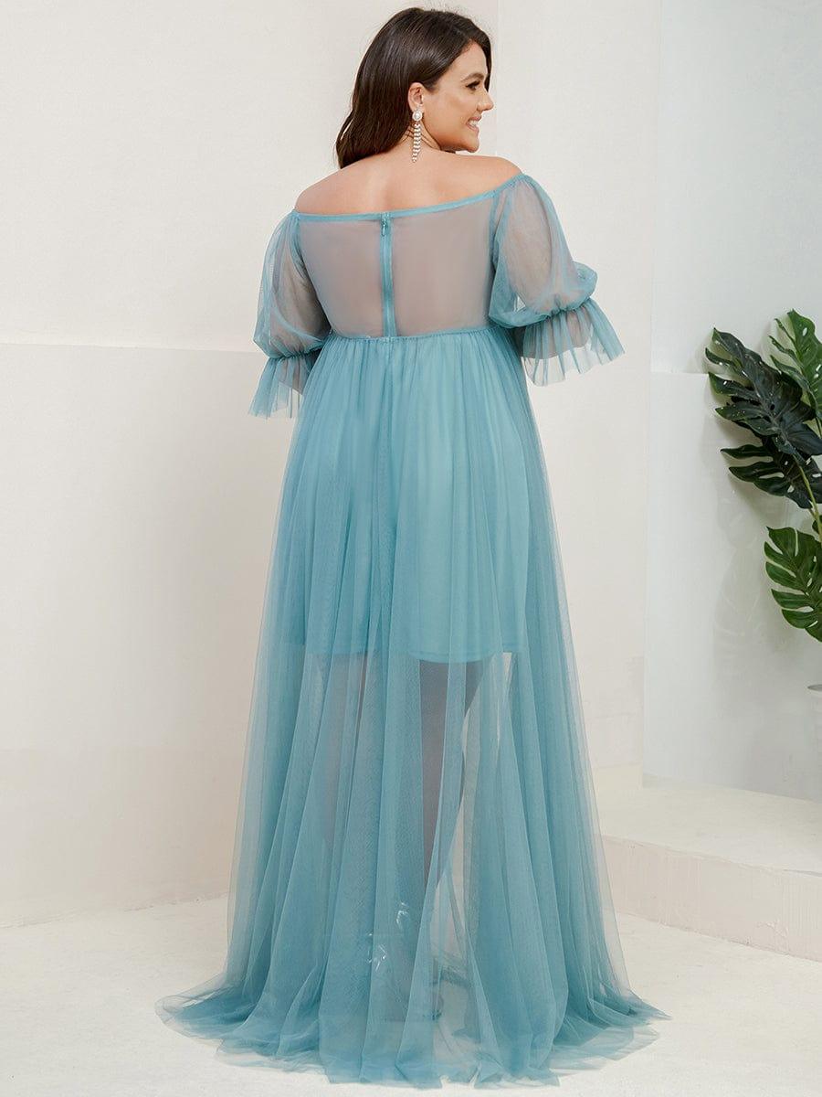 Plus Size Off the Shoulder Pleated Maxi Tulle Maternity Dress #color_Light Teal