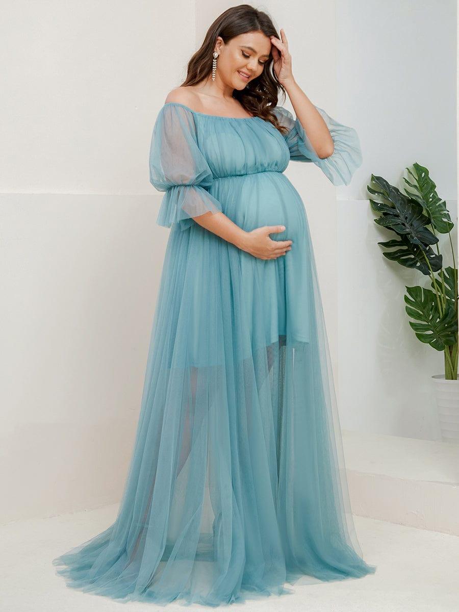 Plus Size Off the Shoulder Pleated Maxi Tulle Maternity Dress #color_Light Teal