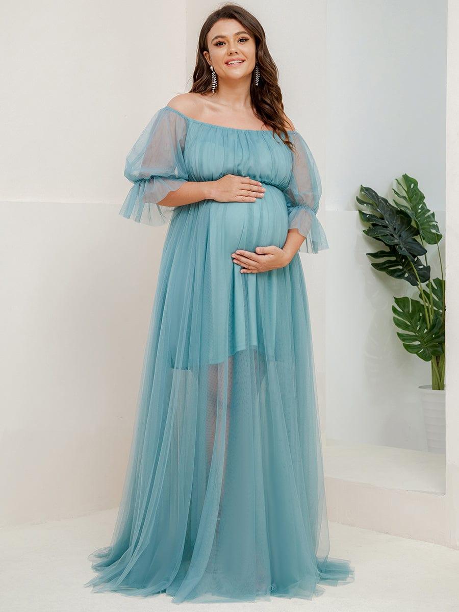 Plus Size Off the Shoulder Pleated Maxi Tulle Maternity Dress #color_Light Teal