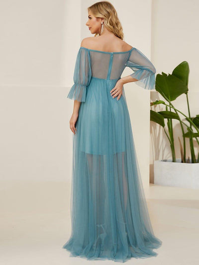Off the Shoulder Pleated Tulle Maxi Maternity Wedding Guest Dress #color_Light Teal