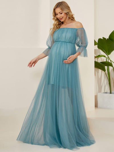 Off the Shoulder Pleated Tulle Maxi Maternity Wedding Guest Dress #color_Light Teal