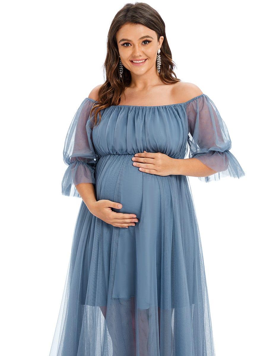 Plus Size Off the Shoulder Pleated Maxi Tulle Maternity Dress #color_Dusty Blue