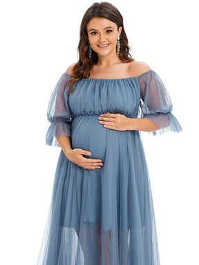 Plus Size Off the Shoulder Pleated Maxi Tulle Maternity Dress