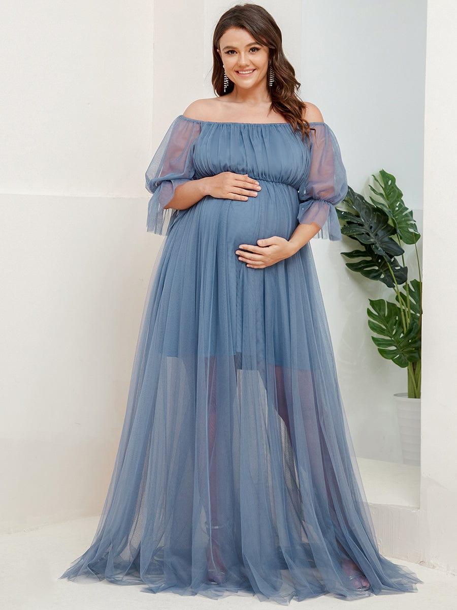 Plus Size Off the Shoulder Pleated Maxi Tulle Maternity Dress #color_Dusty Blue