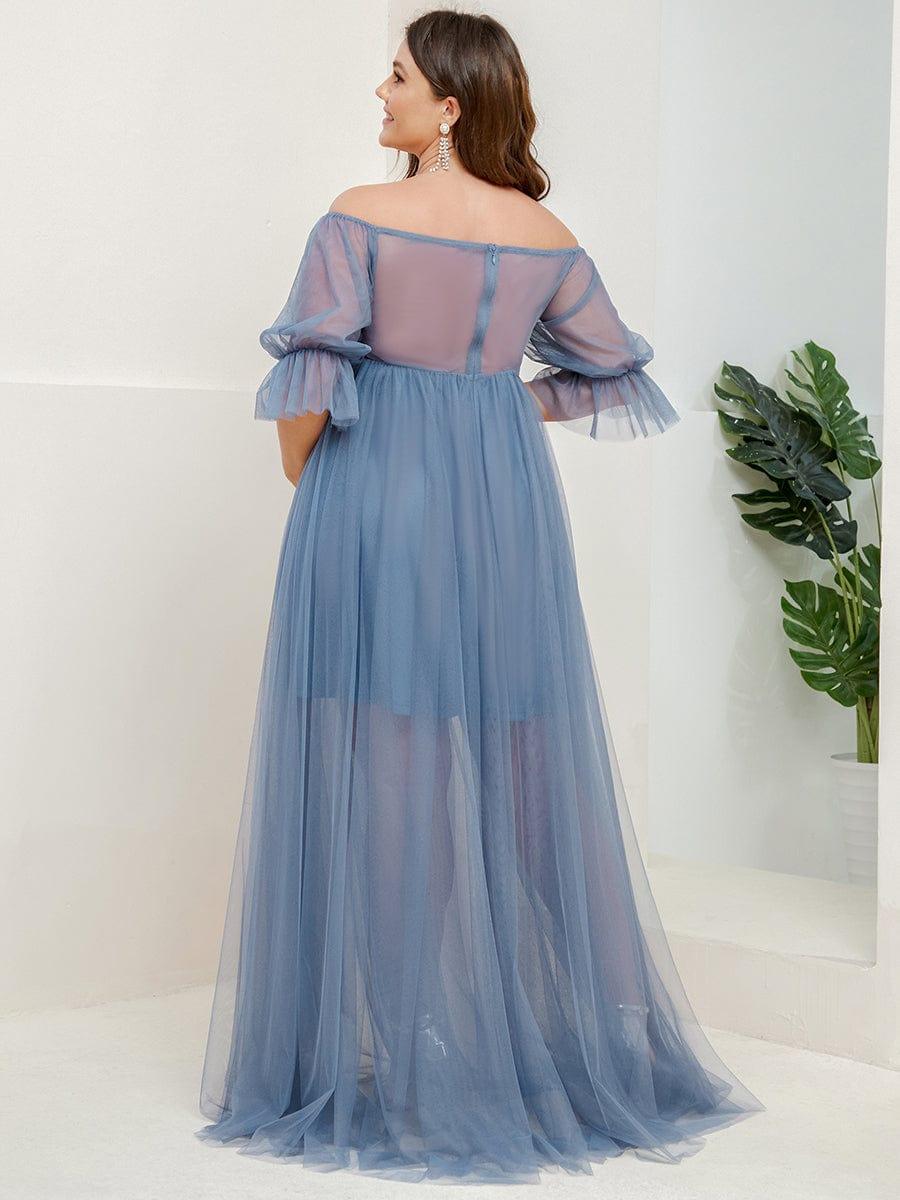 Plus Size Off the Shoulder Pleated Maxi Tulle Maternity Dress #color_Dusty Blue