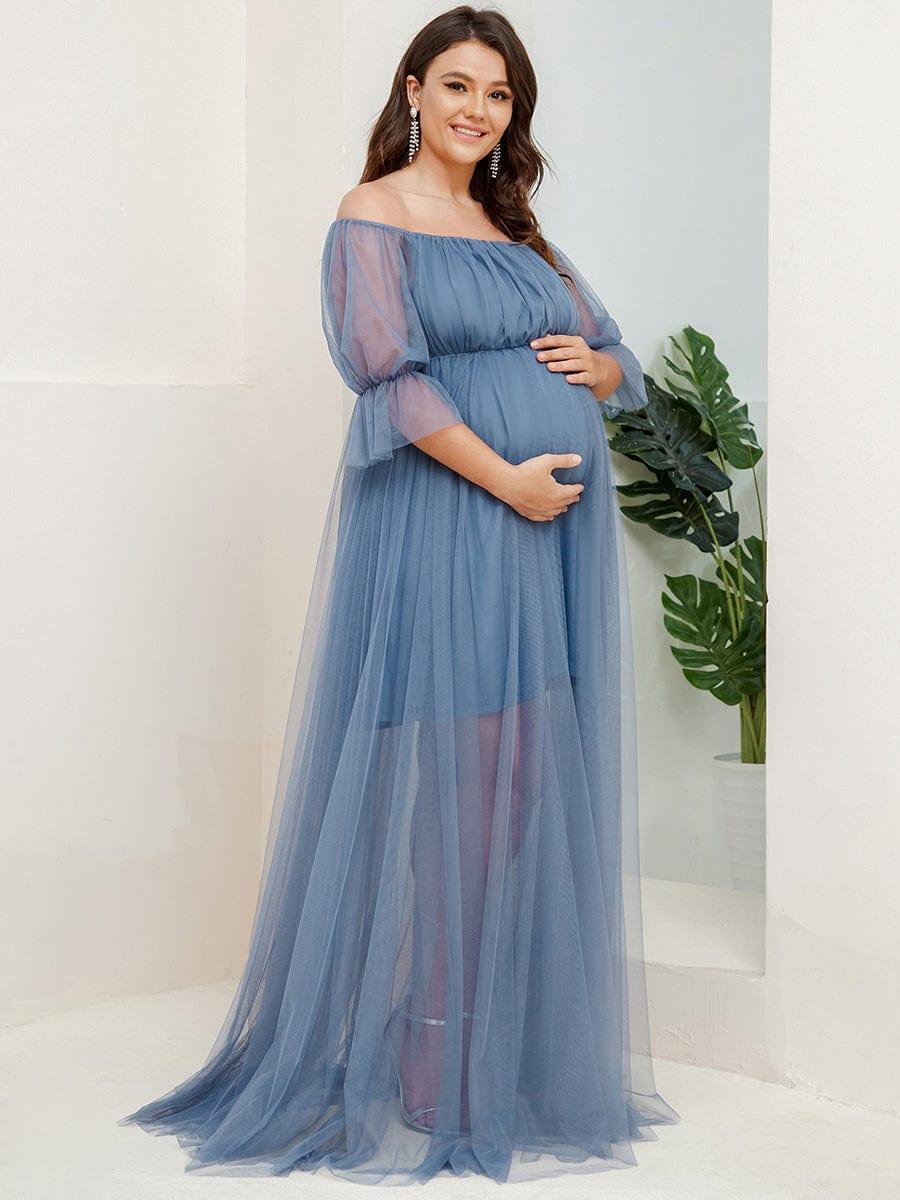 Plus Size Off the Shoulder Pleated Maxi Tulle Maternity Dress #color_Dusty Blue