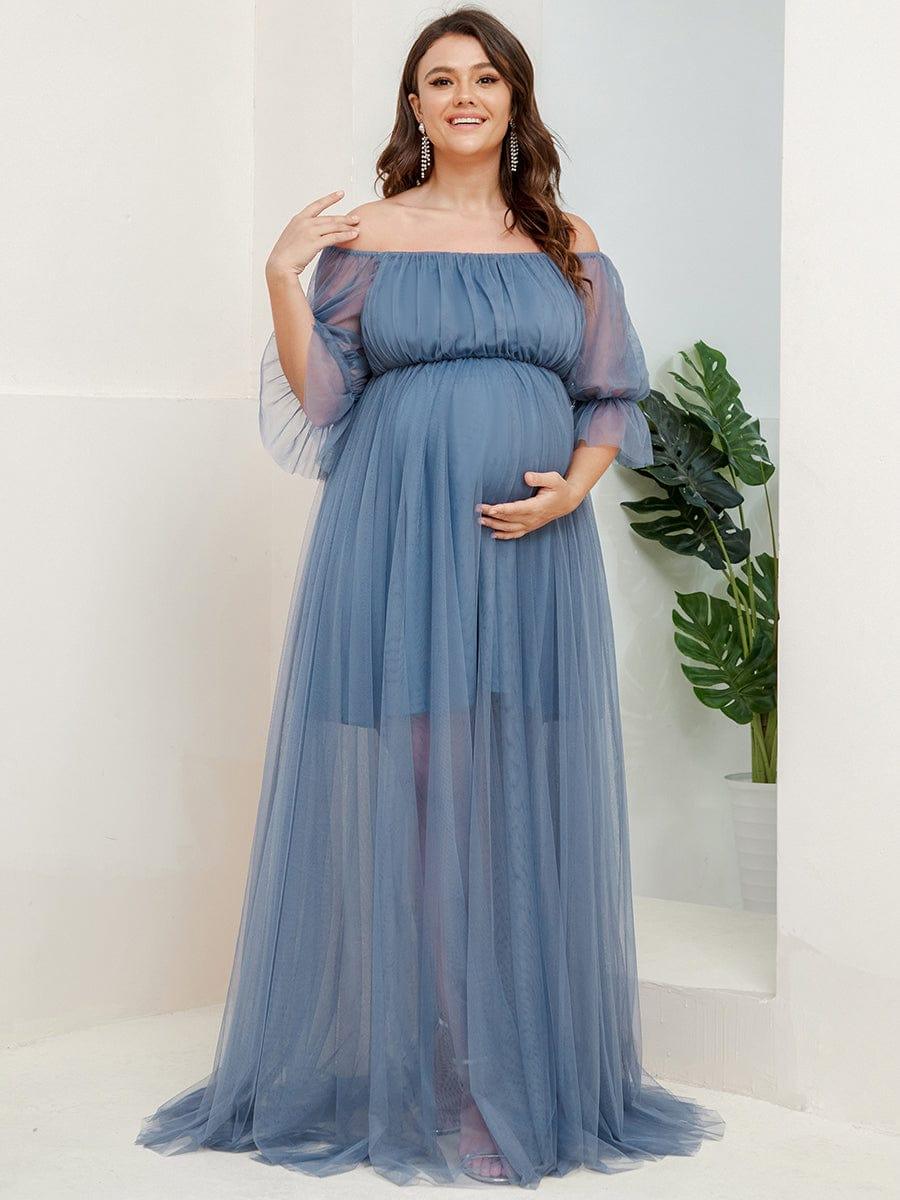 Plus Size Off the Shoulder Pleated Maxi Tulle Maternity Dress #color_Dusty Blue