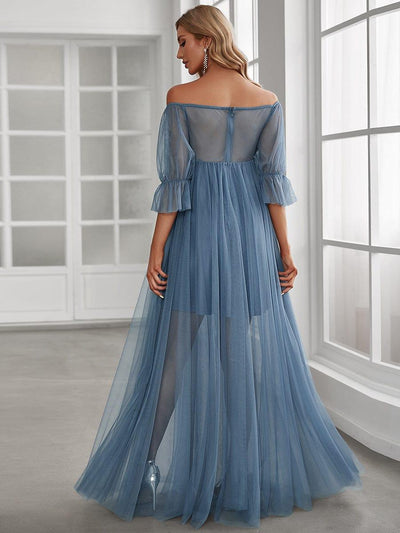 Off the Shoulder Pleated Tulle Maxi Maternity Wedding Guest Dress #color_Dusty Blue