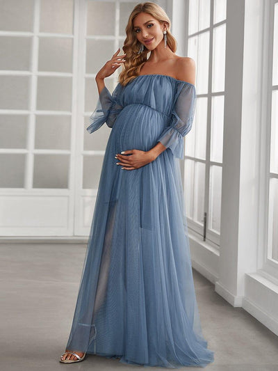 Off the Shoulder Pleated Tulle Maxi Maternity Wedding Guest Dress #color_Dusty Blue