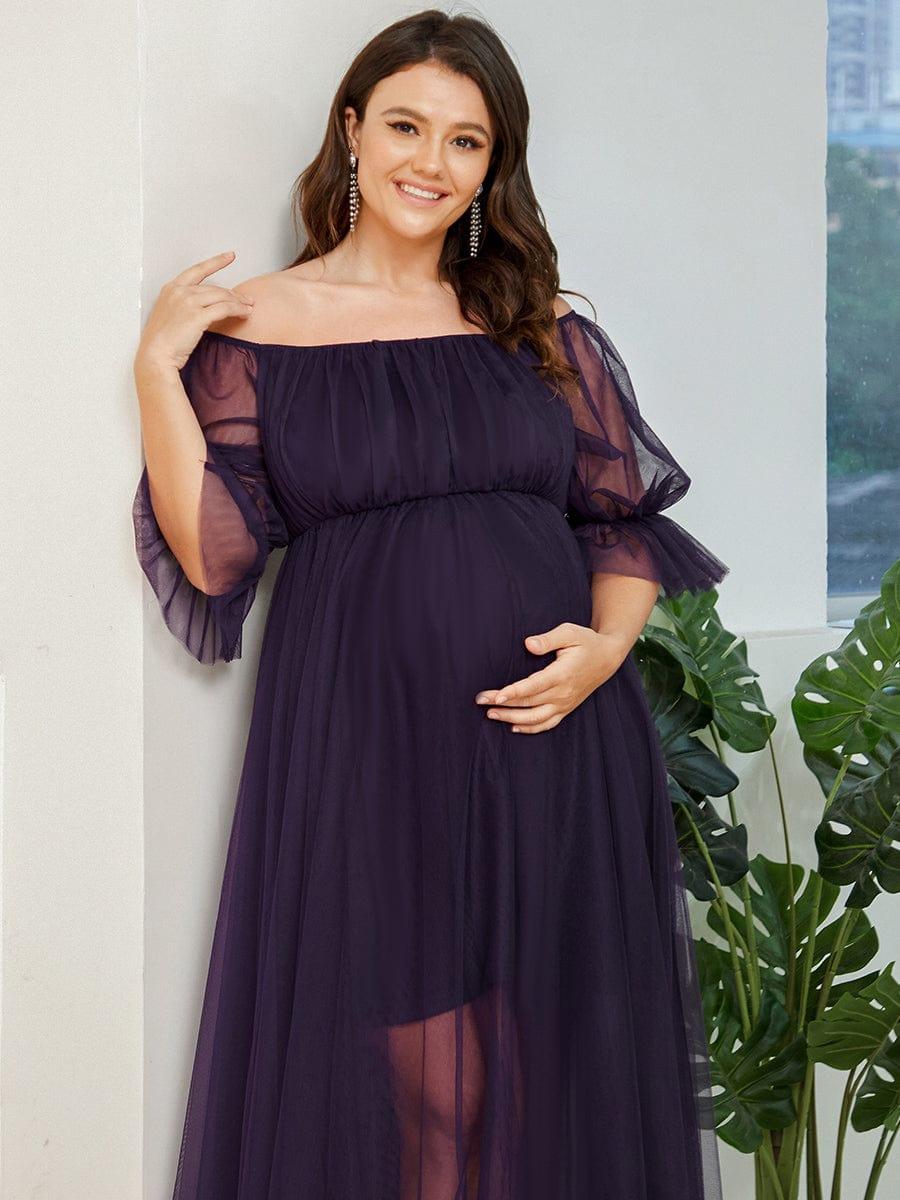 Plus Size Off the Shoulder Pleated Maxi Tulle Maternity Dress #color_Dark Purple