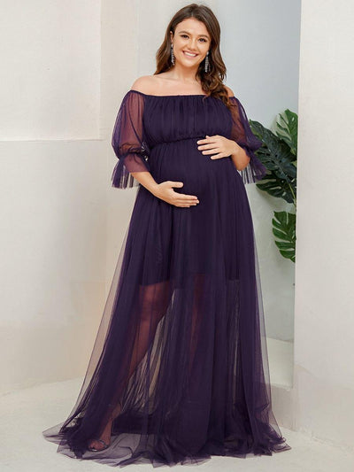 Plus Size Off the Shoulder Pleated Maxi Tulle Maternity Dress #color_Dark Purple