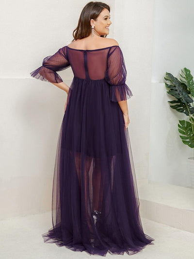Plus Size Off the Shoulder Pleated Maxi Tulle Maternity Dress #color_Dark Purple
