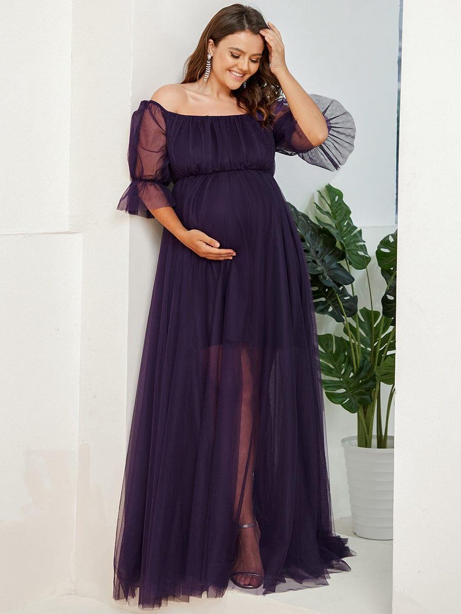 Plus Size Off the Shoulder Pleated Maxi Tulle Maternity Dress #color_Dark Purple